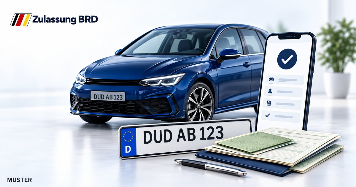 Online Fahrzeugzulassung in Herzberg am Harz: Musterkennzeichen DUD AB 123, Auto und Fahrzeugpapiere und Smartphone. Illustration mit Logo von Zulassung BRD.